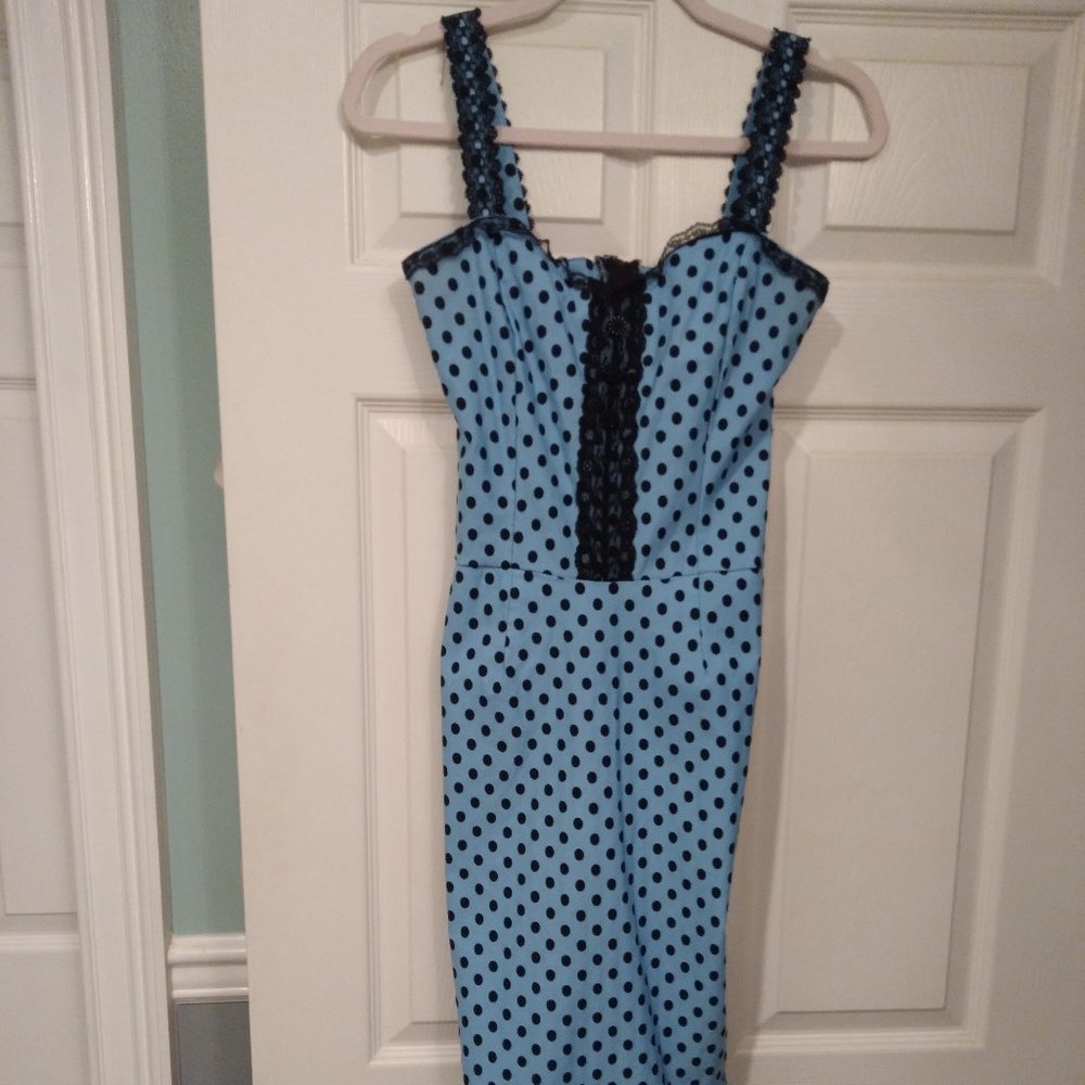 Switchblade Stiletto Pinup Retro Stretch Blue dot rockabilly wiggle ruffle Dress
